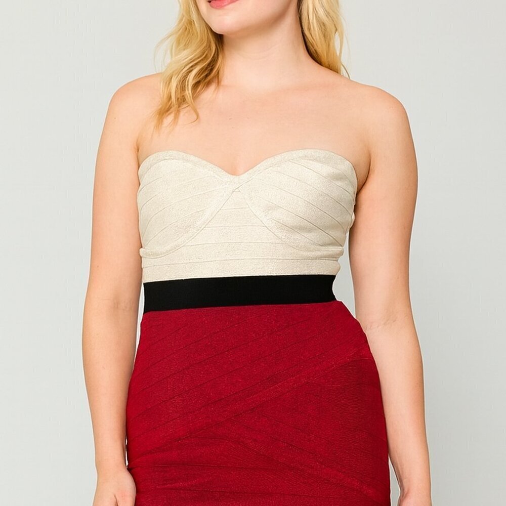 New Bebe Bandadge Strapless Pencil Dress Size XL Red Colorblock Shimmer Party